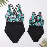 Mommy and Me Black Mesh Siamese Floral Matching Swimsuit