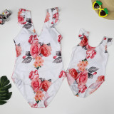 Mommy and Me White Floral Pattern Matching Swimsuit