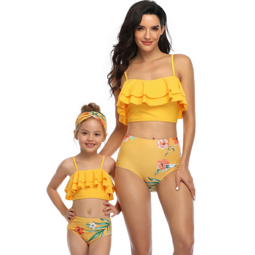 Mommy and Me Floral Pattern Yellow Bikini Matching Swimwear