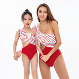 Mommy and Me Red One Shoulder One Piece Striped Bikini Matching Swimsuit