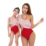 Mommy and Me Red One Shoulder One Piece Striped Bikini Matching Swimsuit