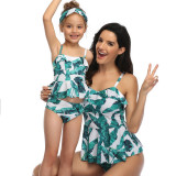 Mommy and Me Floral Pattern Green Bikini Matching Swimwear