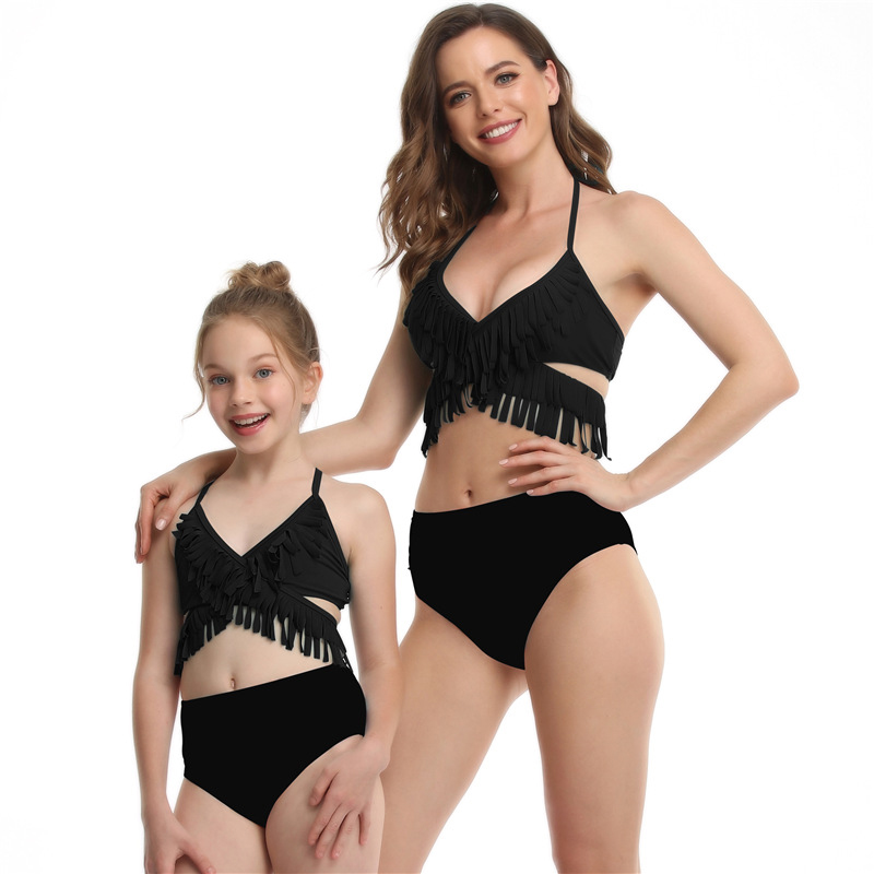 Mommy and Me Black Tassel Bikini Matching Swimwear