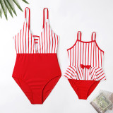 Mommy and Me Red Bow Tie Stripes One Piece Matching Swimsuit
