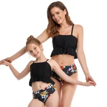 Mommy and Me Black Floral Ruffles Tankini Matching Swimwear