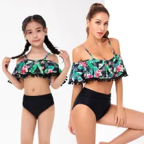 Mommy and Me Black Floral Pattern Tassel Two-pieces Matching Swimsuit