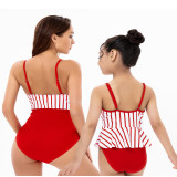 Mommy and Me Red Bow Tie Stripes One Piece Matching Swimsuit