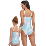 Mommy and Me Blue Floral Pattern Matching Swimsuit