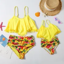 Mommy and Me Yellow Floral Ruffles Bikini Matching Swimwear