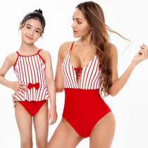 Mommy and Me Red Bow Tie Stripes One Piece Matching Swimsuit