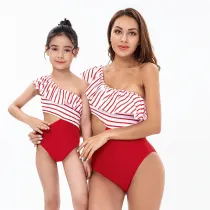 Mommy and Me Red One Shoulder One Piece Striped Bikini Matching Swimsuit