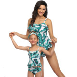 Mommy and Me Floral Pattern Green Bikini Matching Swimwear