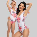 Mommy and Me Flying Sleeve Floral Pattern Matching Swimsuit