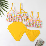 Mommy and Me Yellow Floral Pattern Two-pieces Bikini Matching Swimsuit
