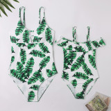 Mommy and Me Green Floral Leaf  Print Matching Swimsuit