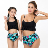 Mommy and Me Black Floral Pattern Two-pieces Matching Swimsuit