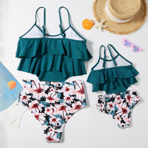Mommy and Me Mesh Ruffles Floral Pattern Bikini Sets Matching Swimwear