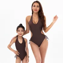 Mommy and Me Brown Color Halter Matching Swimsuit