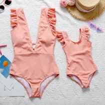 Mommy and Me Flying Sleeve Pure Pink Matching Swimsuit