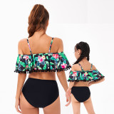 Mommy and Me Black Floral Pattern Tassel Two-pieces Matching Swimsuit