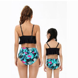 Mommy and Me Black Floral Pattern Two-pieces Matching Swimsuit