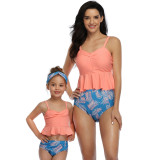 Mommy and Me Orange Sling Tops & Ruffles Floral Bikini Matching Swimwear