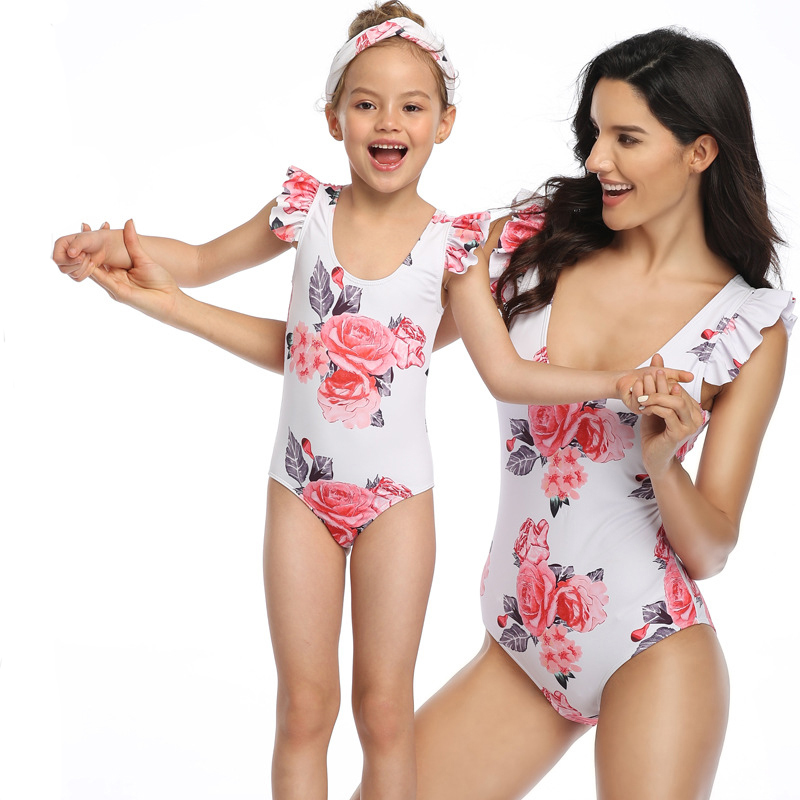 Mommy and Me Flying Sleeve Floral Pattern Matching Swimsuit