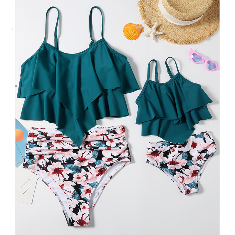 Mommy and Me Mesh Ruffles Floral Pattern Bikini Sets Matching Swimwear