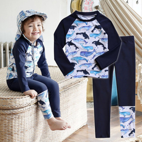 Kid Boy Long Sleeve Beach Sun Protection Quick Dry Whale Swimsuit Set
