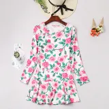 Mommy And Me Long Sleeve Floral Printing Ruffles Matching Dresses