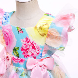 Toddler Girls Blue Flowers Pink Bowknot Mesh Gowns Dress
