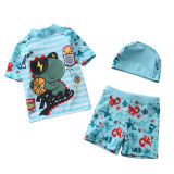 Kids Boys Dinosaur Play Basketball Short Sleeve Sunscreen Swimsuit Two Pieces With Swimming Cap