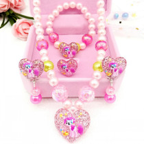 5PCS Cute Pony Unicorn Costume Flash Powder Pearl Heart-shaped Resin Necklace Bracelet Ring Ear Clips Set For Girls Gift