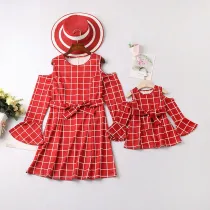 Mommy And Me Long Sleeve Off Shoulder Plaid Matching Dresses