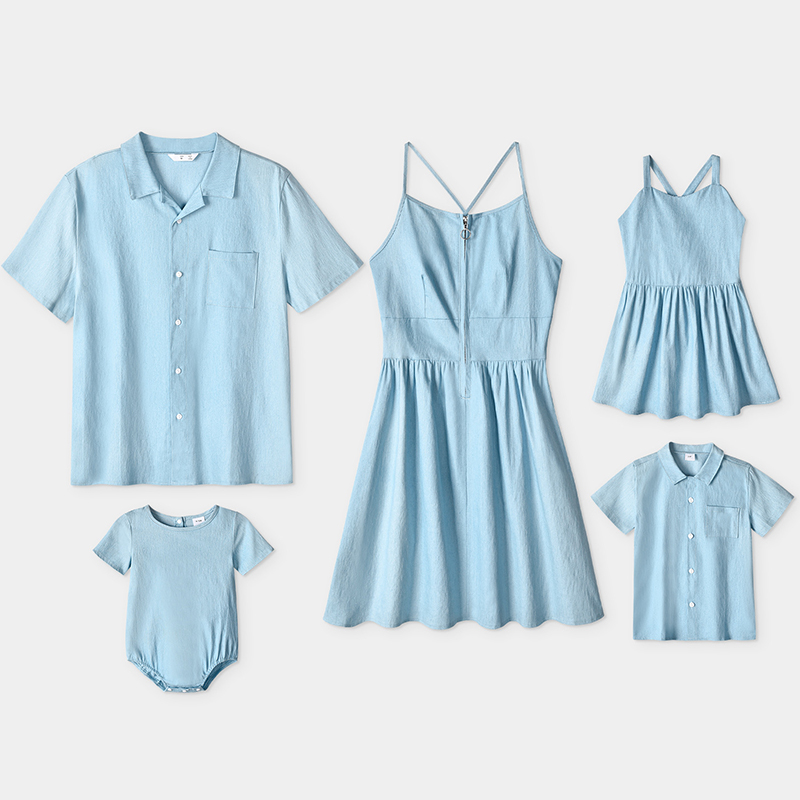 Family Matching Light Blue Sling Dresses and T-shirts Sets