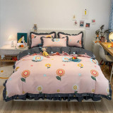 Girls 4PCS Set Multicolor Flower Pattern Printed Lace Dust Ruffle Bedding