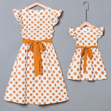 Mommy And Me Polka Dots Floral Flying Sleeve Matching Dresses