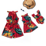 Mommy And Me Red Floral Patter Jumpsuits Shorts Family Matching Rompers
