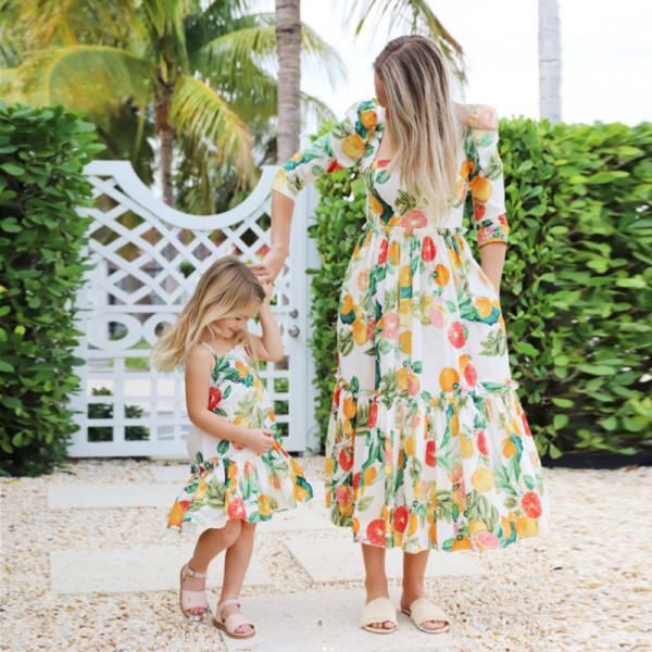 Mommy And Me Fruit Pattern Floral Short Sleeve Matching Dresses