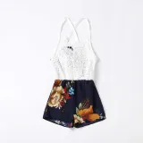 Mommy And Me Lace Splicing Sling Jumpsuits Shorts Family Matching Rompers