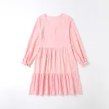 Mommy And Me Long Sleeve V-Neck Pure Color Ruffles Matching Dresses