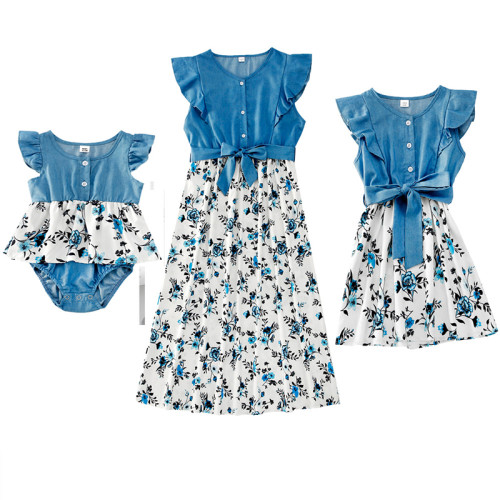 Mommy And Me Flying Sleeve Floral Patter Blue Matching Dresses