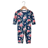 Family Matching Floral Pattern Blue Dress And Black T-shirts Sets