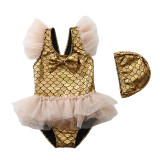Toddler Girl Bronzing Scale Tutu Ruffles One-Piece Swimsuit With Swimming Cap