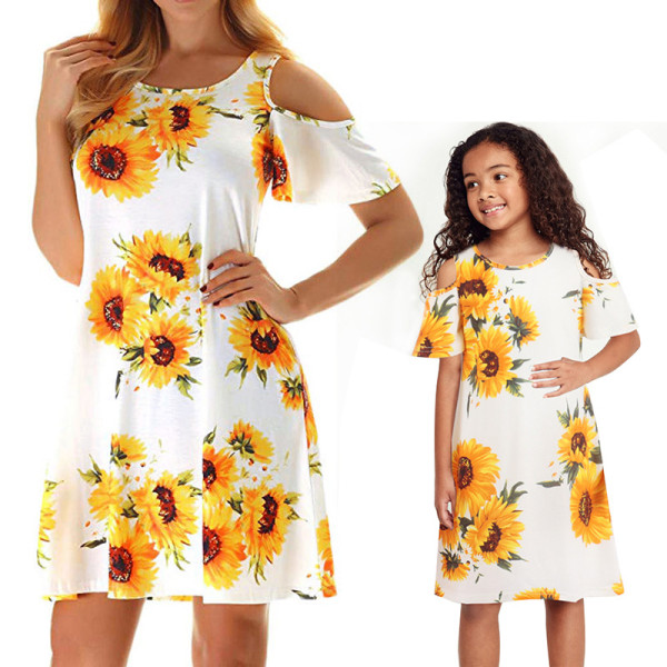 Mommy And Me Sunflower Pattern Floral Matching Dresses