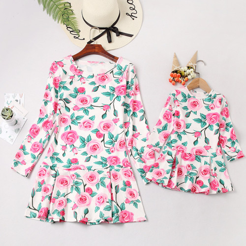 Mommy And Me Long Sleeve Floral Printing Ruffles Matching Dresses