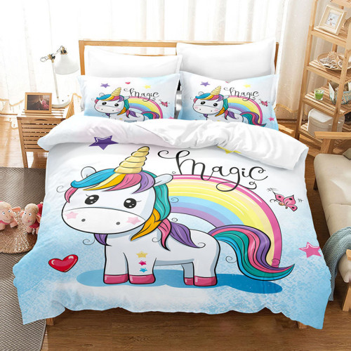 Girls Bedding Cute Unicorn Rainbow Pattern Slogan Printed Quilt Cover With Pillowcases