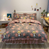Girls 4PCS Set Fruits Lemon Strawberry Pattern Printed Lace Dust Ruffle Bedding