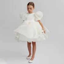 Toddler Girls Hubble-Bubble Sleeve Flower Lace Mesh Multi-Layers Gowns Dress