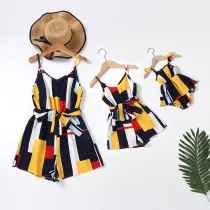 Mommy And Me Splicing Colorful Jumpsuits Shorts Family Matching Rompers